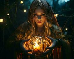 a beautiful woman holding a candle in her hands in a dark forest generative ai photo