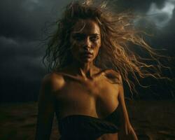 a beautiful woman in a black bikini standing in the rain generative ai photo