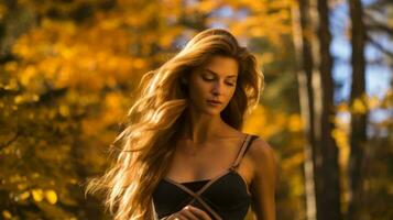a beautiful woman in a black bra top standing in the woods generative ai photo