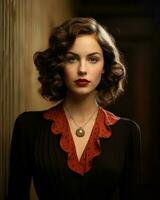 a beautiful woman in a black dress with red lipstick generative ai photo