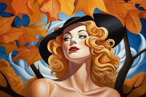 a beautiful woman in a black hat with autumn leaves generative ai photo