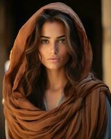 a beautiful woman in a brown shawl generative ai photo