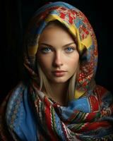 a beautiful woman in a colorful scarf generative ai photo