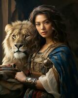 a beautiful woman in a costume poses with a lion generative ai photo