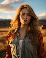 a beautiful woman in a cowboy outfit standing in the desert generative ai photo