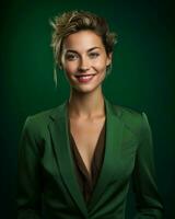 a beautiful woman in a green suit posing for the camera generative ai photo