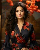 a beautiful woman in a floral dress posing for the camera generative ai photo