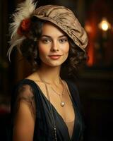 un hermosa mujer en un sombrero y vestir posando para el cámara generativo ai foto