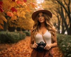 a beautiful woman in a hat holding a camera in an autumn park generative ai photo