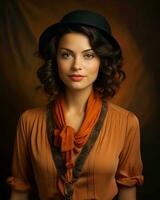 a beautiful woman in a hat and orange scarf generative ai photo