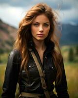 a beautiful woman in a leather jacket standing in a field generative ai photo