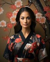 un hermosa mujer en un kimono posando en frente de un pared con Cereza flores generativo ai foto