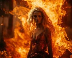 a beautiful woman in a red dress standing in front of flames generative ai photo