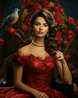 a beautiful woman in a red dress with a bird on her shoulder generative ai photo