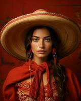 un hermosa mujer en un sombrero y rojo vestir generativo ai foto