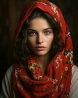 a beautiful woman in a red scarf generative ai photo