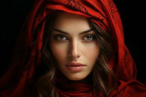 a beautiful woman in a red shawl generative ai photo