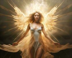 a beautiful woman in a white dress with an angel wings generative ai photo