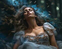 a beautiful woman in a white dress laying on the ground surrounded by butterflies generative ai photo