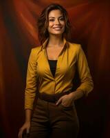 a beautiful woman in a yellow shirt and brown pants generative ai photo