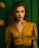 a beautiful woman in a yellow shirt and green background generative ai photo