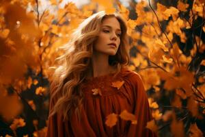 un hermosa mujer en un naranja vestir en un otoño bosque generativo ai foto