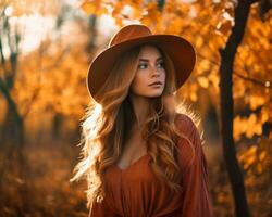 un hermosa mujer en un naranja vestir y sombrero en un otoño bosque generativo ai foto