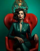 a beautiful woman in leather sitting on a red chair generative ai photo