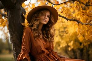 a beautiful woman in an orange dress sitting on a tree generative ai photo