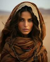 a beautiful woman in the desert wearing a shawl generative ai photo