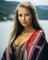 a beautiful woman in traditional clothing by the water generative ai photo