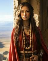 a beautiful woman in traditional clothing standing in front of a mountain generative ai photo