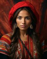 un hermosa mujer en tradicional ropa con un rojo sombrero generativo ai foto