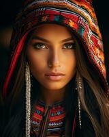 un hermosa mujer en tradicional ropa generativo ai foto