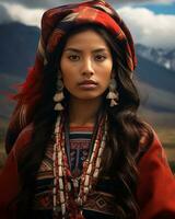 a beautiful woman wearing traditional clothing in the mountains generative ai photo