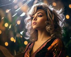 a beautiful woman with blonde hair in front of a christmas tree generative ai photo