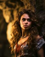 a beautiful woman with long curly hair standing in front of a cave generative ai photo