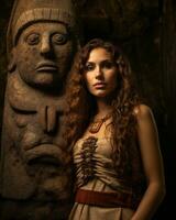 a beautiful woman with long curly hair standing next to a stone statue generative ai photo