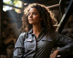 a beautiful woman with curly hair sitting on a ladder generative ai photo