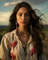 un hermosa mujer con largo pelo y pendientes en el Desierto generativo ai foto