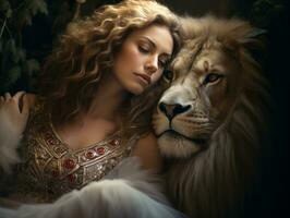 a beautiful woman with long hair is hugging a lion generative ai photo