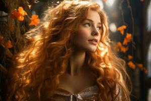 a beautiful woman with long red hair in a forest generative ai photo