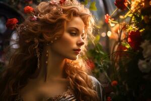 a beautiful woman with long red hair and flowers in her hair generative ai photo