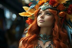 a beautiful woman with long red hair wearing a headdress generative ai photo