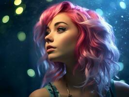 a beautiful woman with pink hair in the rain generative ai photo