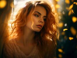 a beautiful woman with red hair and yellow leaves in the background generative ai photo