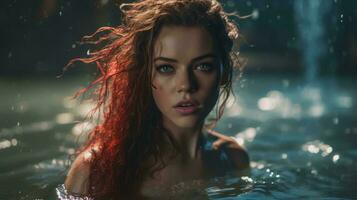 un hermosa mujer con rojo pelo en el agua generativo ai foto