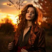 un hermosa mujer con rojo pelo en pie en frente de un árbol a puesta de sol generativo ai foto