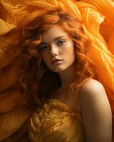 a beautiful woman with red hair in a yellow dress generative ai photo