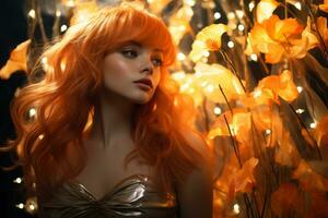 a beautiful woman with red hair posing in front of a bunch of flowers generative ai photo
